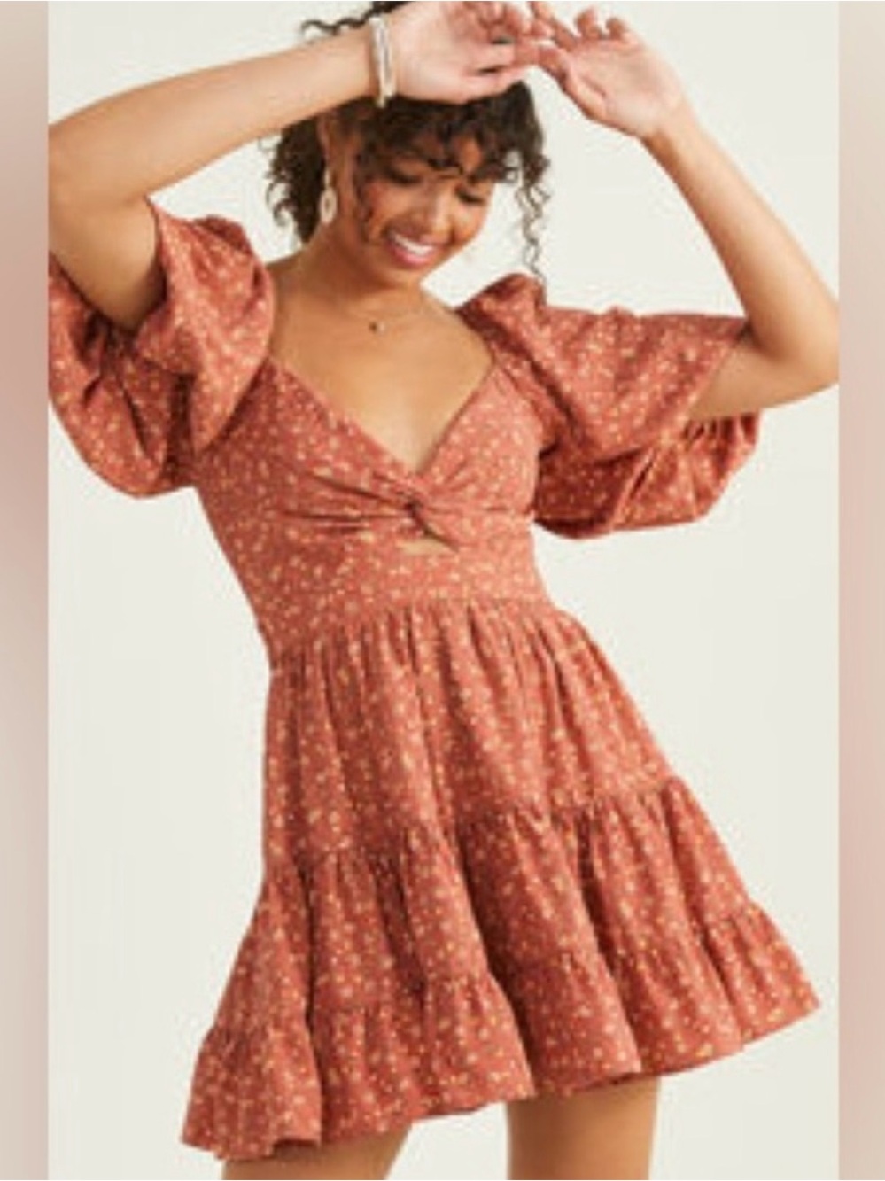 Altar’d State Women's Rust Floral Twist-Front Mini Dress